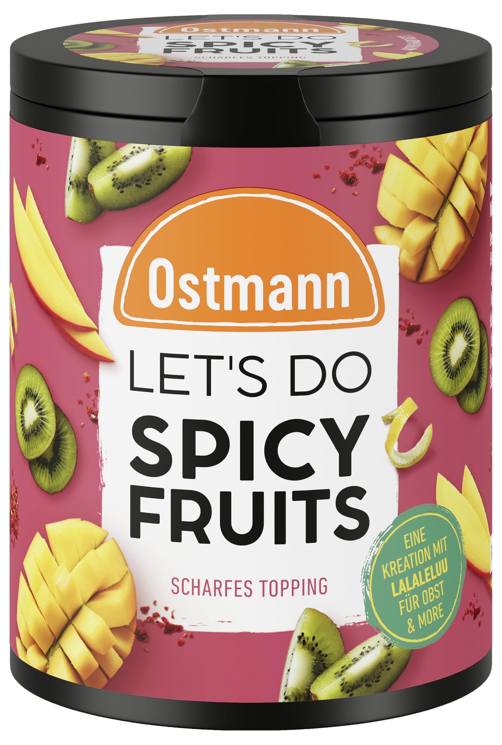 Ostmann Gewürze - Let's Do Spicy Fruits | Würzmischung für süßes Obst kreiert von Lalaleluu | scharfes Obst-Topping mit Chili und Pfeffer, lecker auf Apfel oder Mango | 70 g in recyclebarer Metalldose