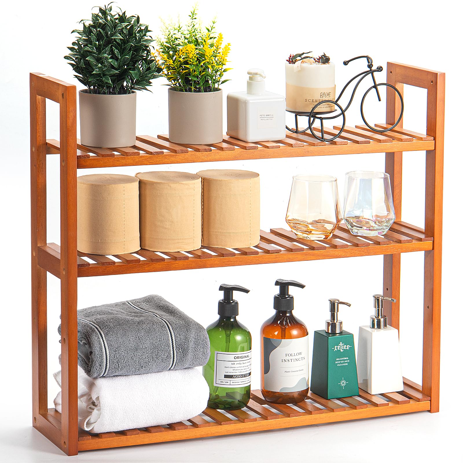 Photo 1 of MEHL CLUB Wood Bathroom Shelf, 3-Tier Adjustable Shoes Rack&Plants Rack, Wall-Mounted or Stand for Living Room (Honey Oak)