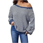 Verdusa Women's Off The Shoulder Sweater Oversized Striped Preppy Cozy Pullover Knit Tops