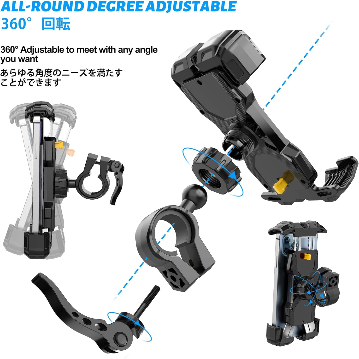 Bike Phone Mount, All-Round Adjustble Motorcycle Phone Mount, Bike Phone Holder for Handlebars Fits iPhone 12 Pro Max//11 Pro/XR/XS MAX,Galaxy S20/S10/Note 10 and All 4.7-6.8inches Devices(Black)