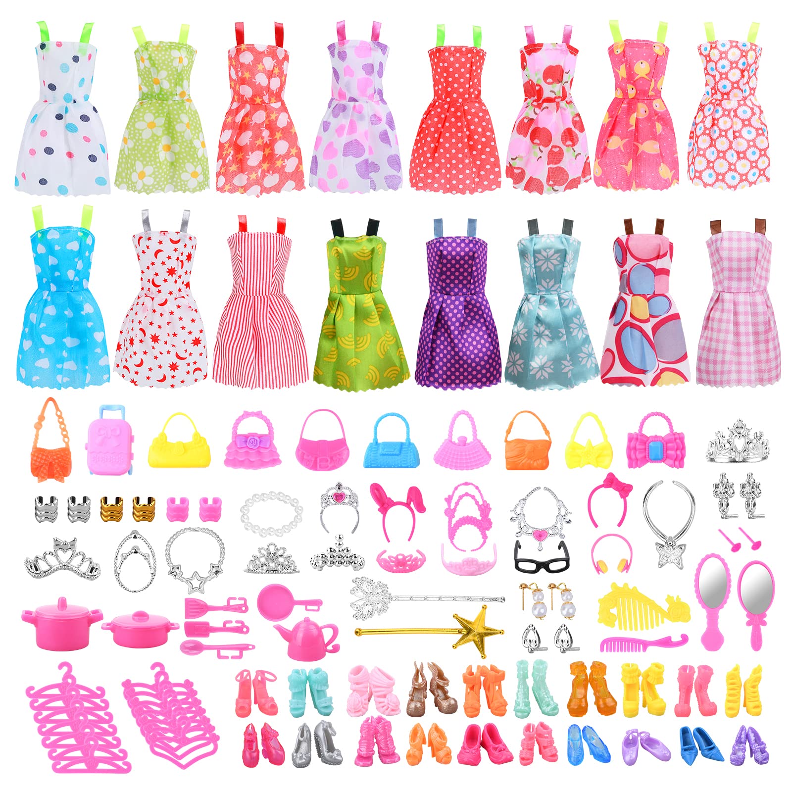 Vicloon 93 PCS Doll Clothes and Accessories Set, 16 PCS Fashion Dresses 20 Shoes 10 Handbags 47 Jewelry Accessories, Fashion Outfits Necklace Earring Bracelet Hanger for 11.5 Inch Girl Doll