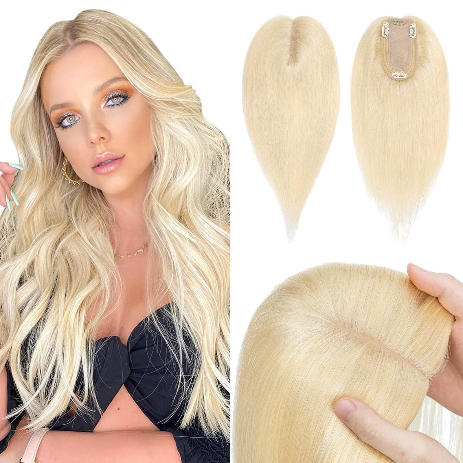 Photo 1 of Hairro 100% Real Human Hair Toppers for Women No Bang, Clip in Real Hairpieces, Breathable Silk Base for Covering Greyish Thinning Hair Loss on Top, 18 Inch Bleach Blonde
