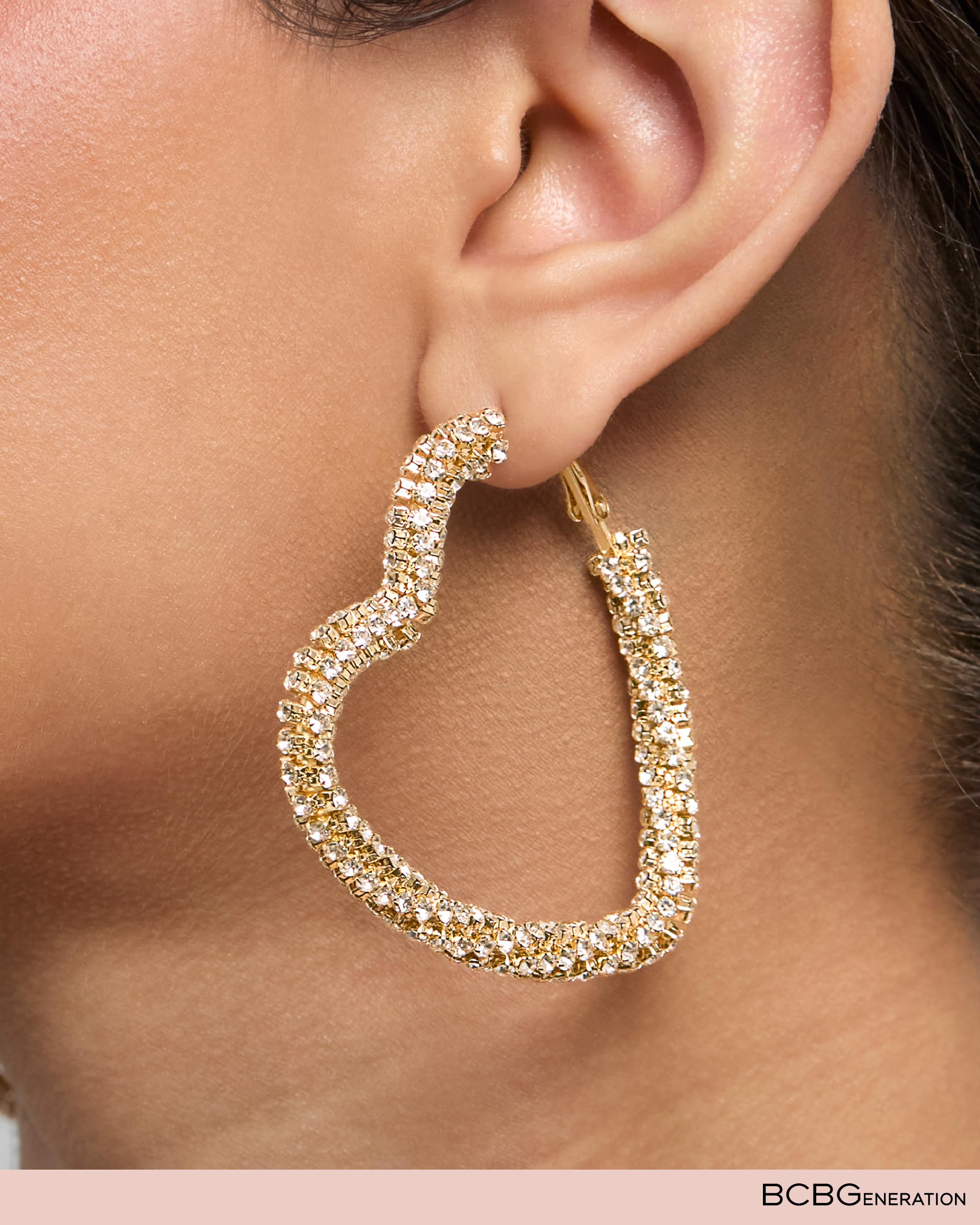 BCBGeneration Heart Hoop Earrings for Women, Gold-Tone Twisted Heart Earrings with Rhinestones