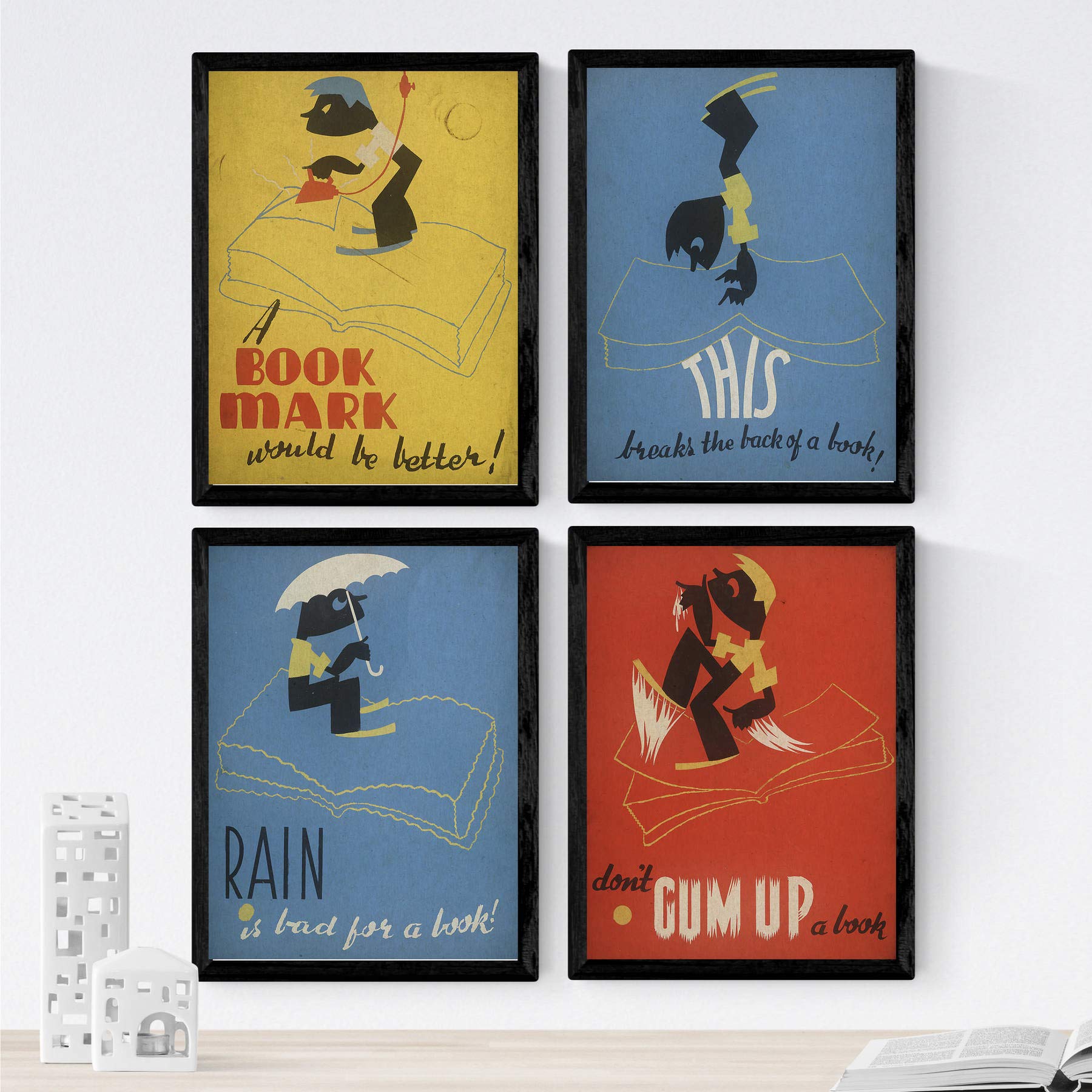 Nacnic Posters vintage. Old posters with ads. Four vintage posters and books library. A4 size