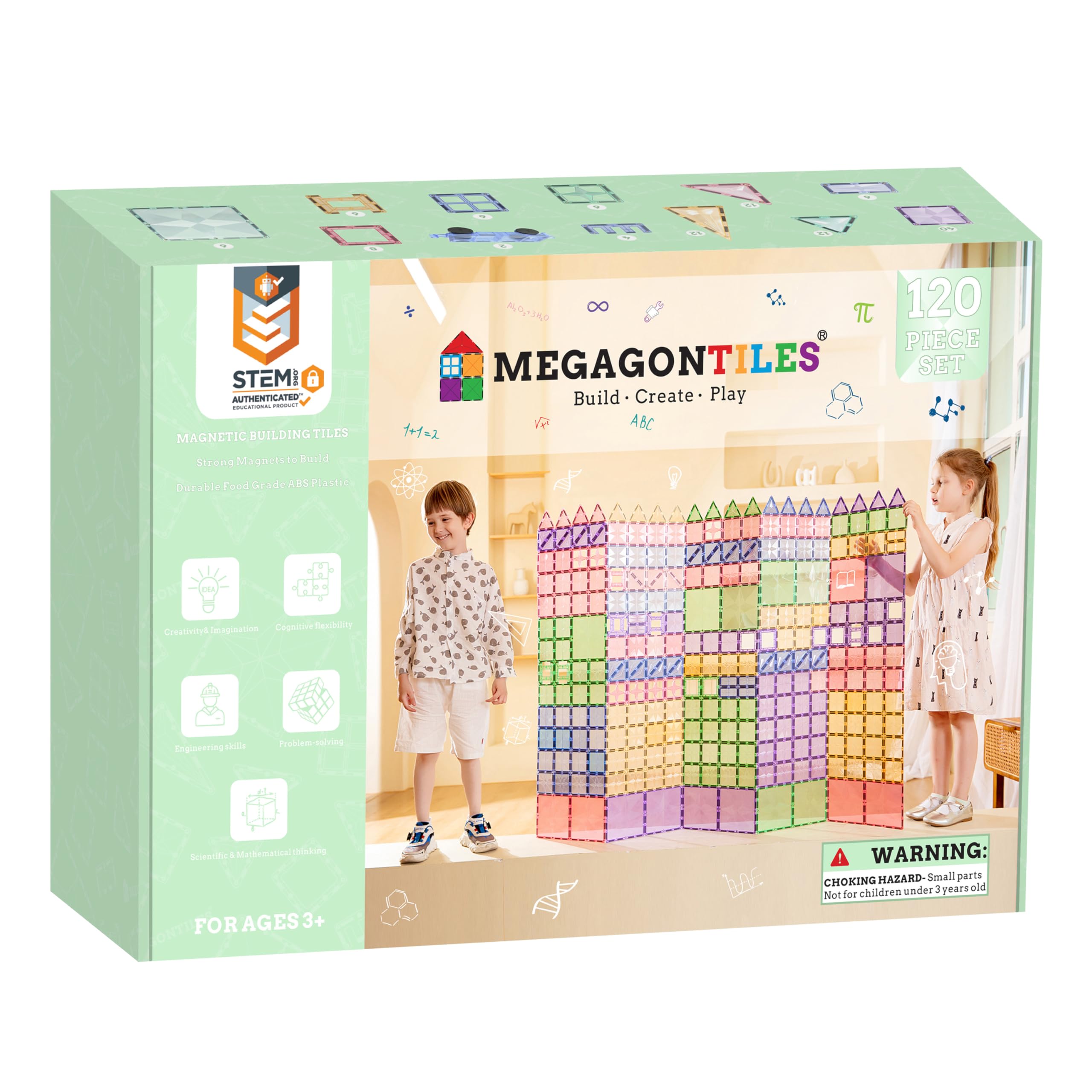 MEGAGONTILES 120PCS Premium Magnetic Tiles Set | STEM-Authenticated Magnetic Building Blocks | Educational Construction Toy for Kids Ages 3–8 (Boys & Girls)