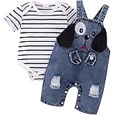 ODIMAME Baby Boy Clothes Newborn Striped Romper Summer Outfits + Infant Cartoon Animals Jeans Suspender Overalls 0-18 Months