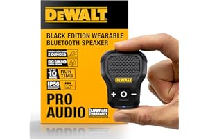 DEWALT Wearable Bluetooth Speaker [Onyx Edition - Black] Clip-On Wireless Jobsite Pro Water-Resistant Portable Speaker (Non- Magnetic), Mic for Hands-Free Music/Calls, Mini Speakers Bluetooth Wireless