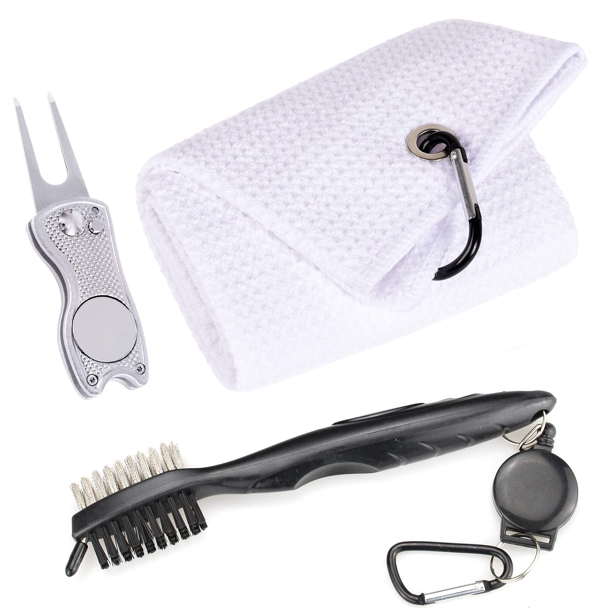 Mile High Life Microfiber Waffle Pattern Golf Towel | Club Groove Cleaner Brush | Foldable Divot Tool with Magnetic Ball Marker (White Towel/Brush/Fish Divot)