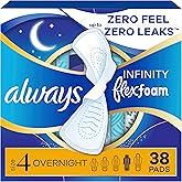 Always Infinity Feminine Pads for Women, Flexfoam Pads with Wings, Size 4, Overnight Absorbency, Unscented, 38 Count