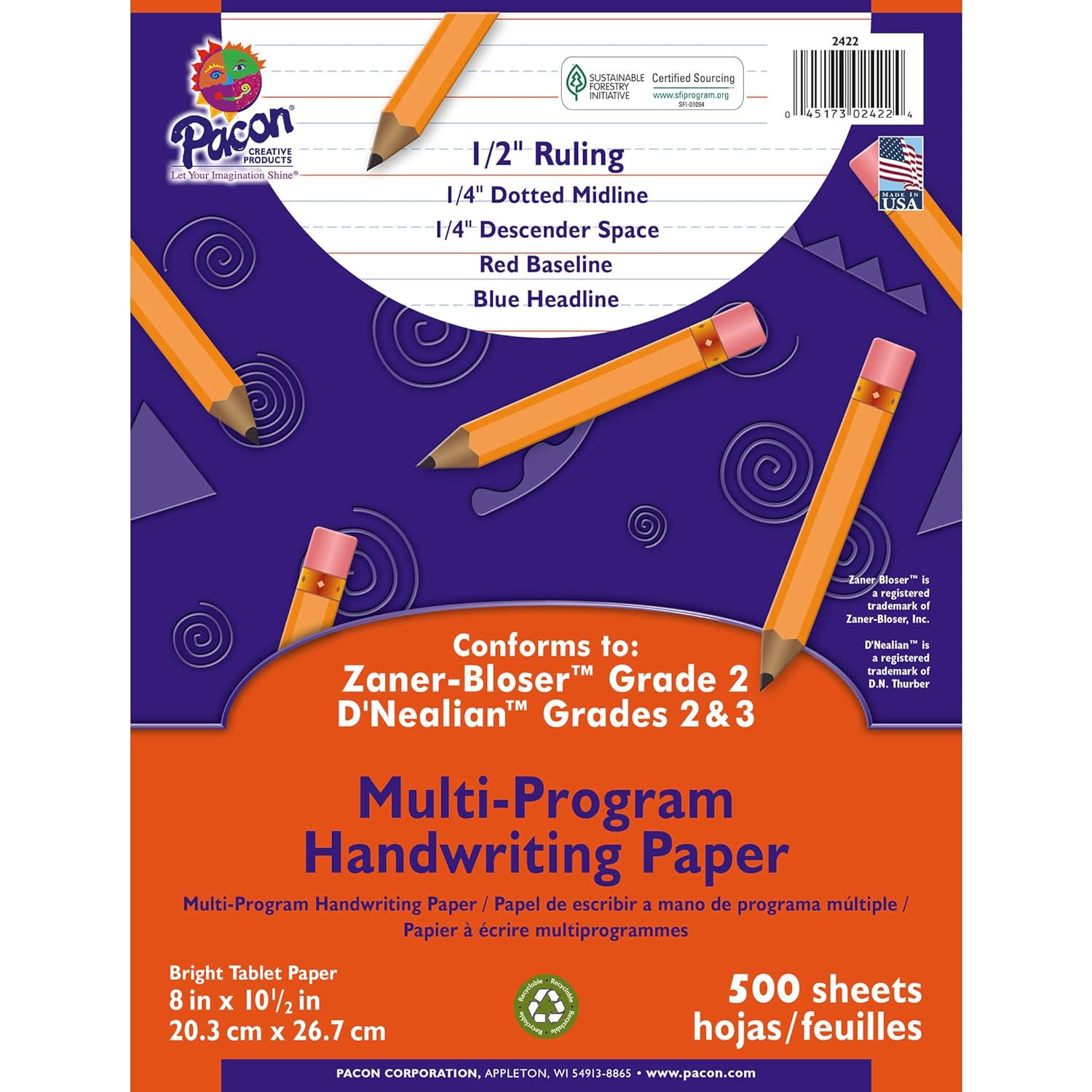 Pacon MultiProgram Handwriting Paper, 8"X10 1/2", D'Nealian (Grades 2