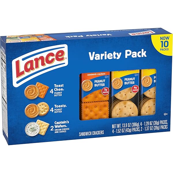 LANCE SANDWICH CRACKERS, VARIETY PACK, 3 FLAVORS, 10 INDIVIDUALLY WRAPPED PACKS, 6 SANDWICHES EACH
