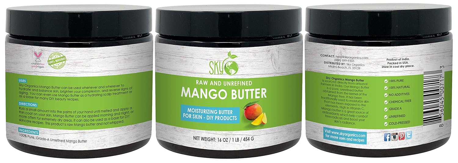 Mango Butter (16 oz) by Sky Organics Raw 100% Pure Unrefined Mango Butter for Face Body and DIY Raw Mango Body Butter Natural Mango Butter for All Skin Types : Beauty