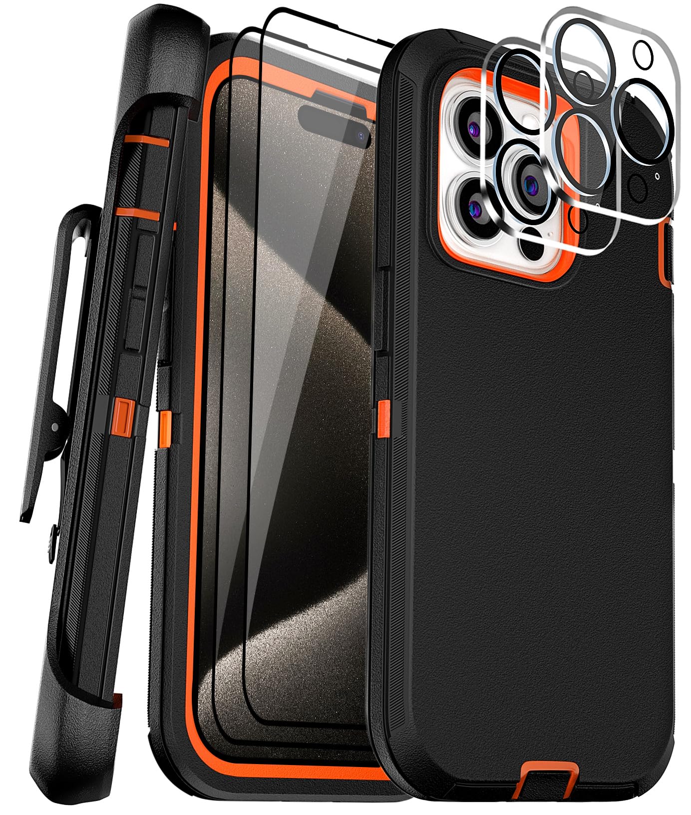 COLDNICE for iPhone 15 Pro Case 6.1" with Belt Clip Kickstand, 2 Camera Lens Protector & 2 Screen Protector, Heavy Duty Full Protection Phone Case(Belt Clip,Black+Orange)