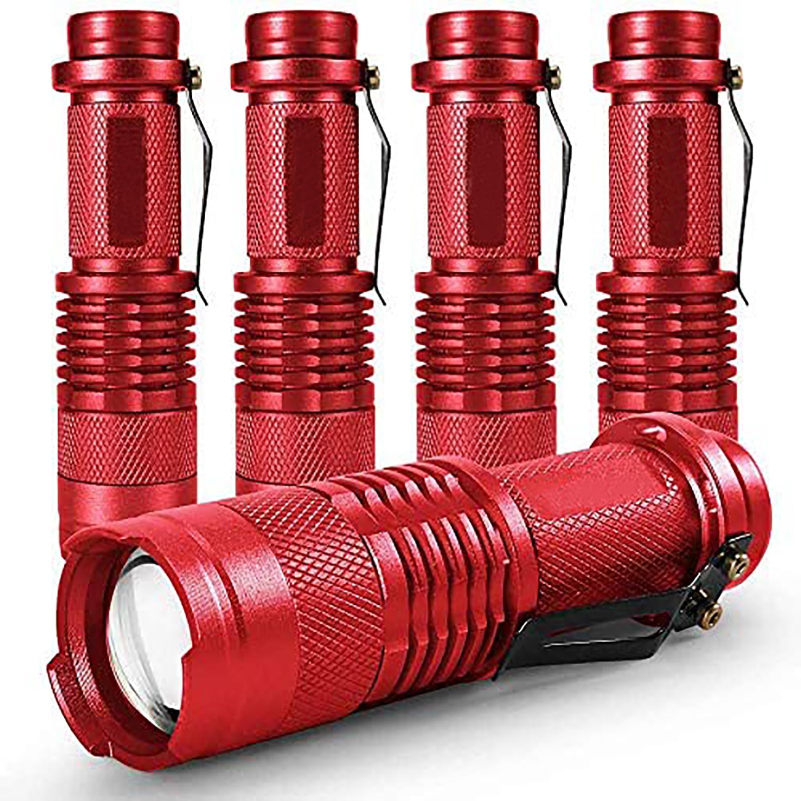 MODOAO 5 Pack LED Mini Flashlights 7W 300LM SK-68 3 Modes Adjustable Focus Zoomable Q5 LED Tactical Flashlight for Camping Hiking Emergency (Red)