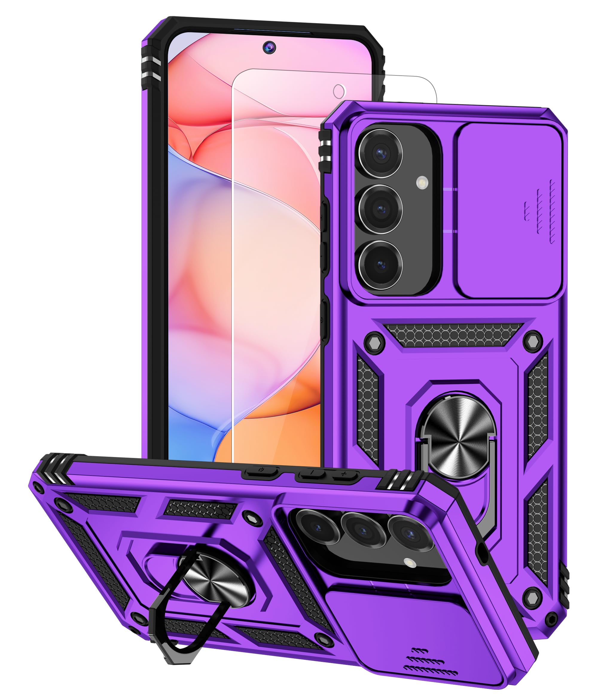 GSDCB Case for Samsung Galaxy S25 FE Case with Tempered Glass Screen Protector, Built in Camera Lens Cover and Ring Holder Kickstand, Soft TPU Hard Back Phone Cover (Kickstand-Violet)