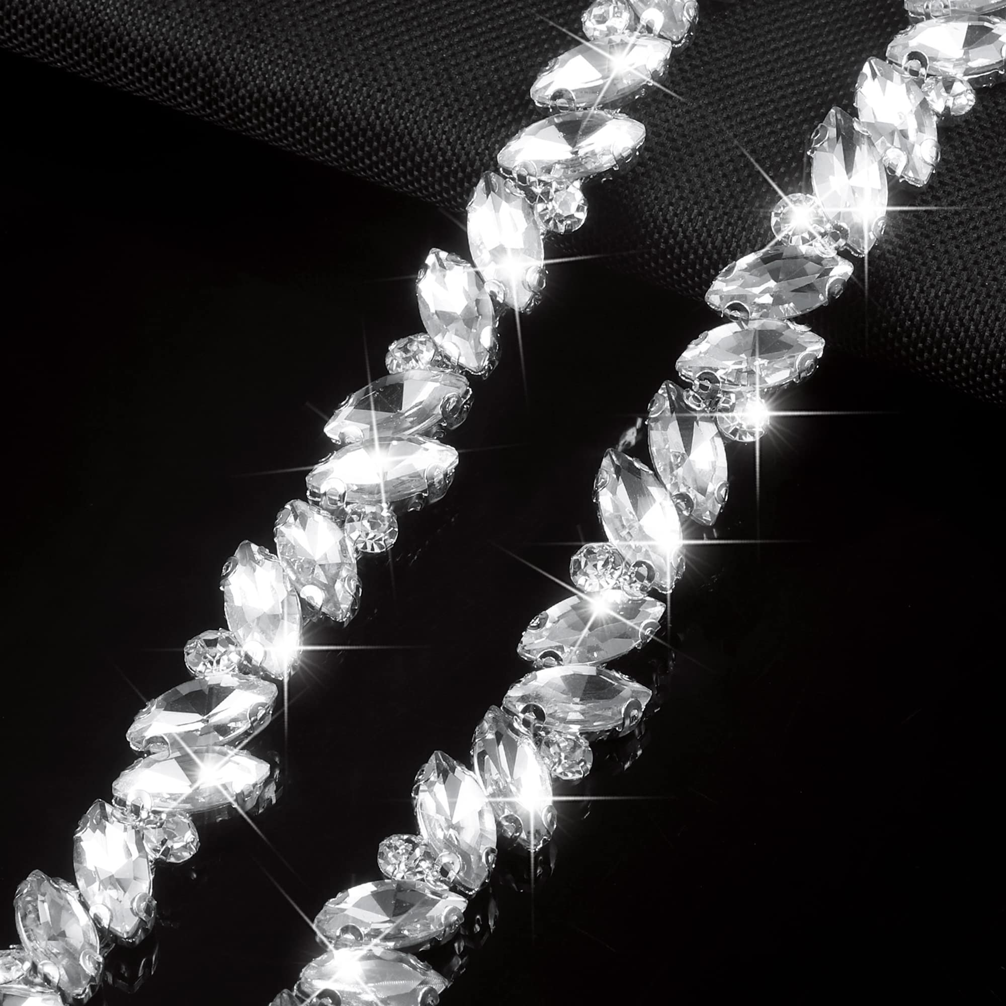 1 Yard Crystal Rhinestone Close Chain, Sliver Double Marquise Piercing Stud Chain Trim Sewing Craft Suitable for Personalized DIY Decoration, Clothing Accessories, Wedding, Party