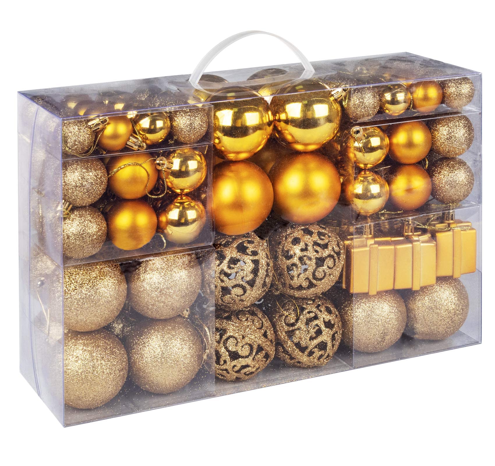 ilauke 105Pcs Christmas Baubles Gold Xmas Tree Decorations, Shatterproof Christmas Ornaments Balls in Various Sizes, Plastic Xmas Balls Hanging Decorations for Holiday, Wedding, Party, Gift Decor