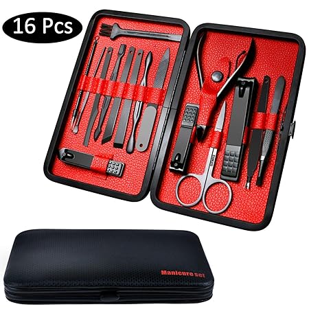 Fixget 16-Teiliges Maniküre Set, Nagelpflege Set Pediküreset Maniküre Pediküre Reise Set, Professionelle Edelstahl Nail Cutte