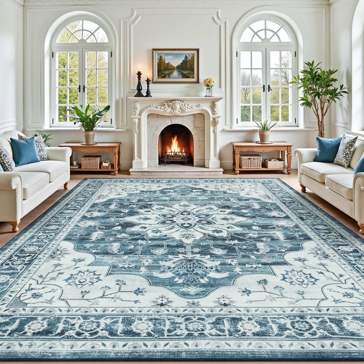 Lofus 8x10 Washable Area Rug, Vintage Floral Rugs for Living Room, Bedroom, Dinning Room, Low Pile Large Area Rugs with Non-Slip Backing, Sunflower Print Pattern, Neutral Blue Image