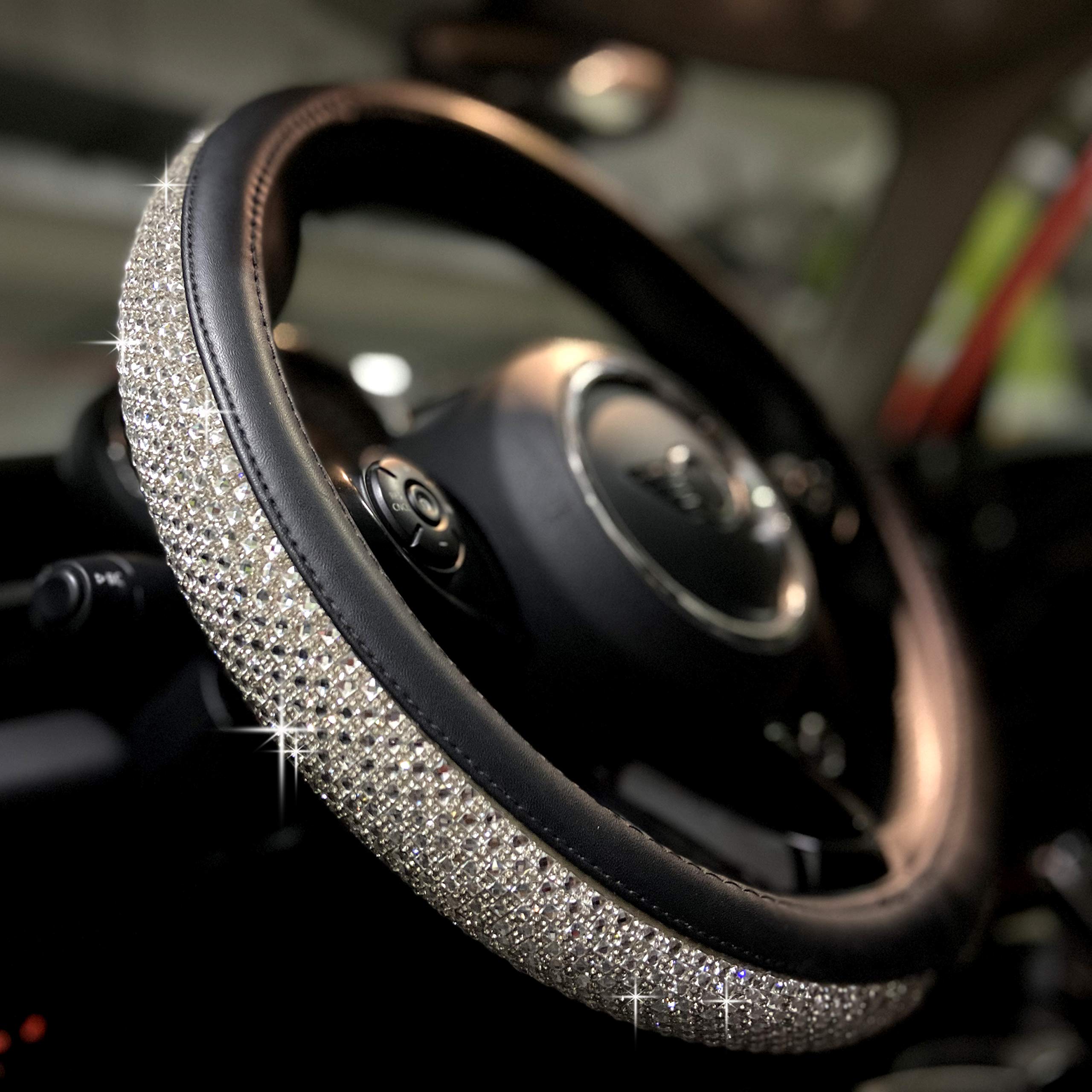 Photo 1 of PINCTROT Bling Bling Comfy Steering Wheel Cover with Jumbo Crystal Rhinestones, Anti-Slip Diamond Leather, Universal 15 Inch (Silver)