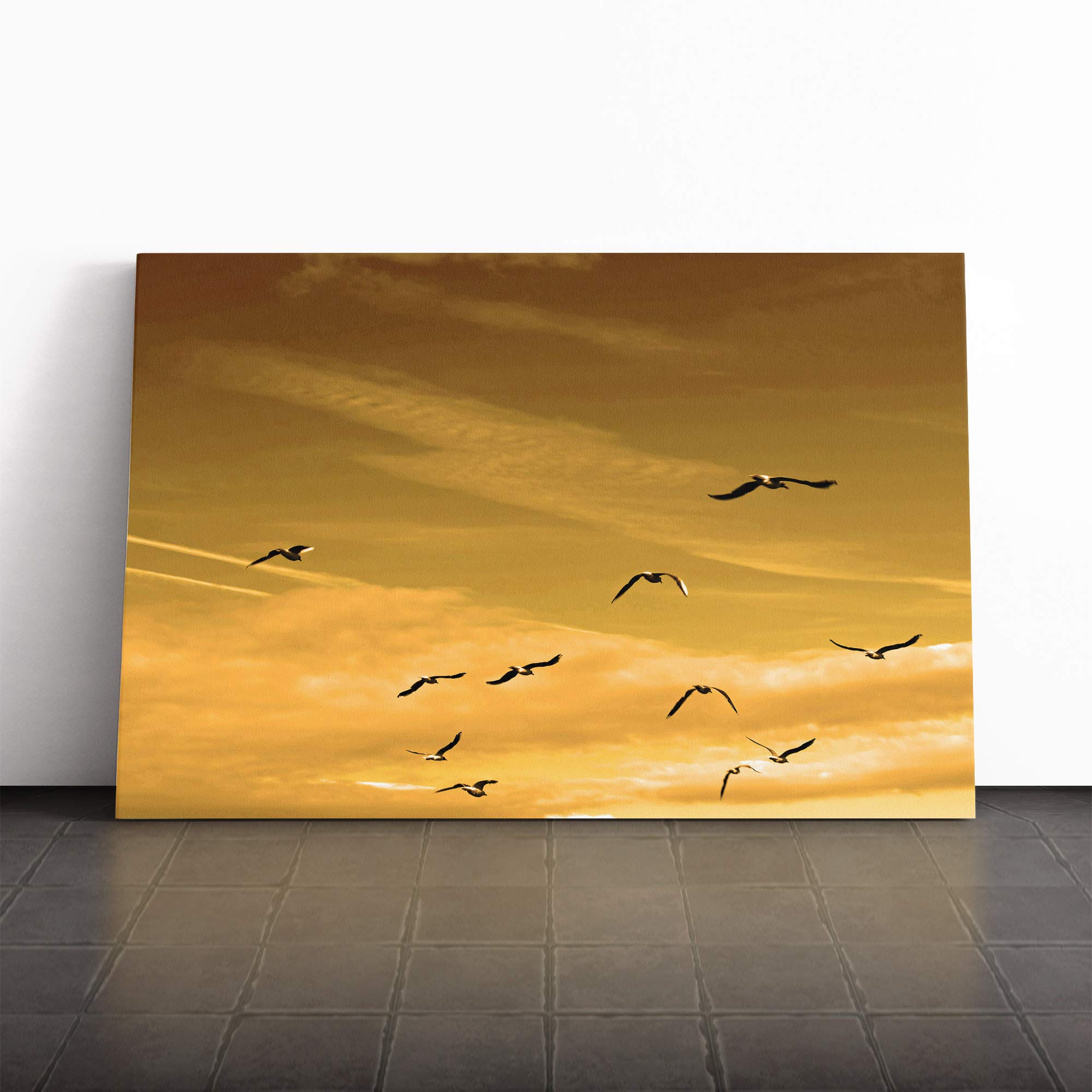 Flying Seagulls Sunset Birds Canvas Print | Gallery Wrapped 30mm Frame Wall Art | 20x14 inches | Ready to Hang | Modern Landscape Picture | Living Room Bedroom Lounge Office
