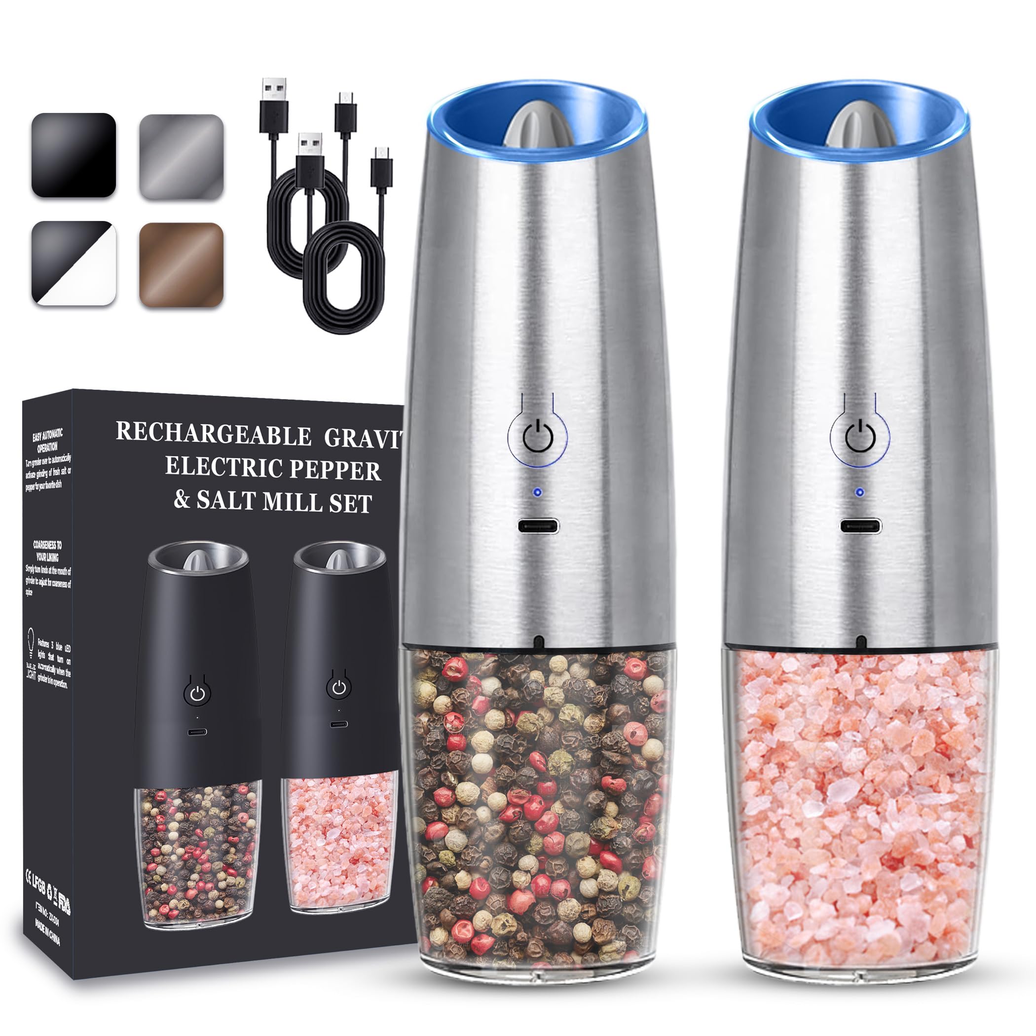 Photo 1 of UNNEES Rechargeable Electric Salt and Pepper Grinder set of 2, gravity electric salt and pepper grinder set, Adjustable Roughness, LED Light, 2 Pack, (Silver)
