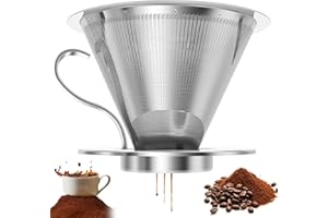 Pour Over Coffee Dripper Double Mesh Stainless Steel Coffee Filter for 1-4 Cup Reusable Paperless Strainer with Base Handle f