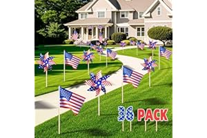 ONBUWWS 36 Pcs 4th of July Decorations, Patriotic Memorial Day Pinwheels and Flags Small Fourth of July Red White and Blue Labor Day Windmills Independence Day Parade Outdoor Yard Garden Party Decor