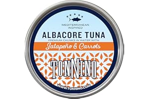 Tonnino Tuna Fish Albacore - Premium chunk in water with Jalapeño & Carrots – Pack of 12 – Alternative to Salmon – Protein Snacks – Ready to Eat Meals in can