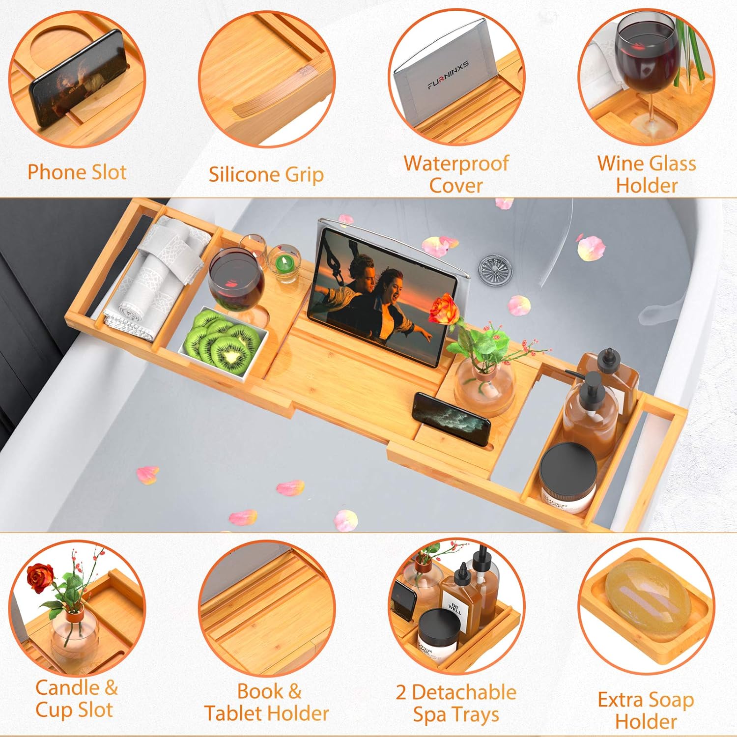 Bamboo Expandable Bathtub Caddy Tray for Bath Tub Wooden Adjustable for Luxury and Relaxing with Wine Glass Holder, Reading Slot by FURNINXS: Kitchen & Dining