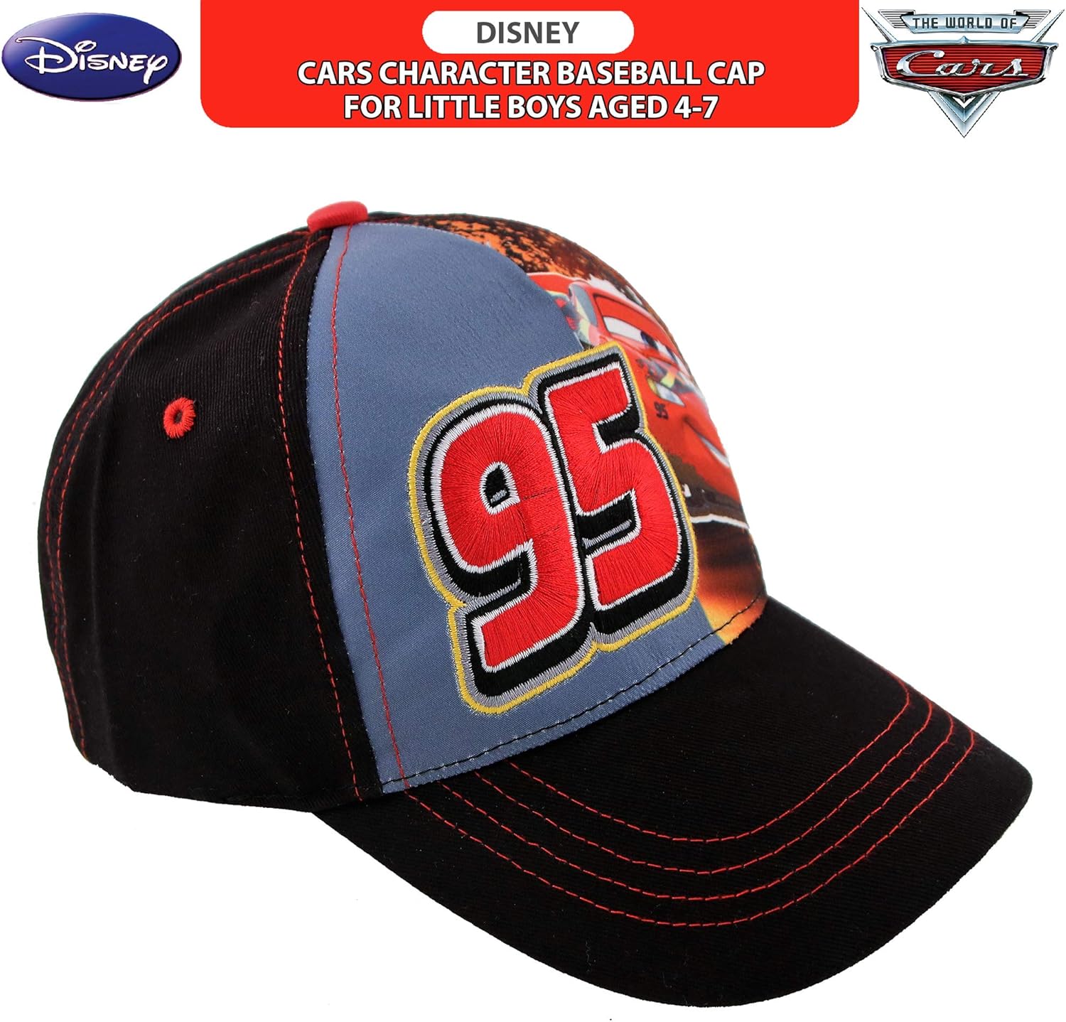 Disney Little Boys' Cars Lightning McQueen Character Cotton Baseball Cap, black/Red, Ages 4-7: Clothing