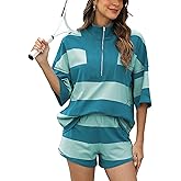 IQSQSQ Women's Striped 2 Piece Outfits Oversized Lounge Set Summer Workout Sets Top and Shorts with Pockets