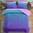Pamnest Comforter Set Twin Size, Colorful Purple Glitter 5 Pcs Bedding for Kids and Adults, Neon Blue Teal Bed Sheet Sets with Fitted Sheet Pillowcase & Sham for Bedroom Bed Decor