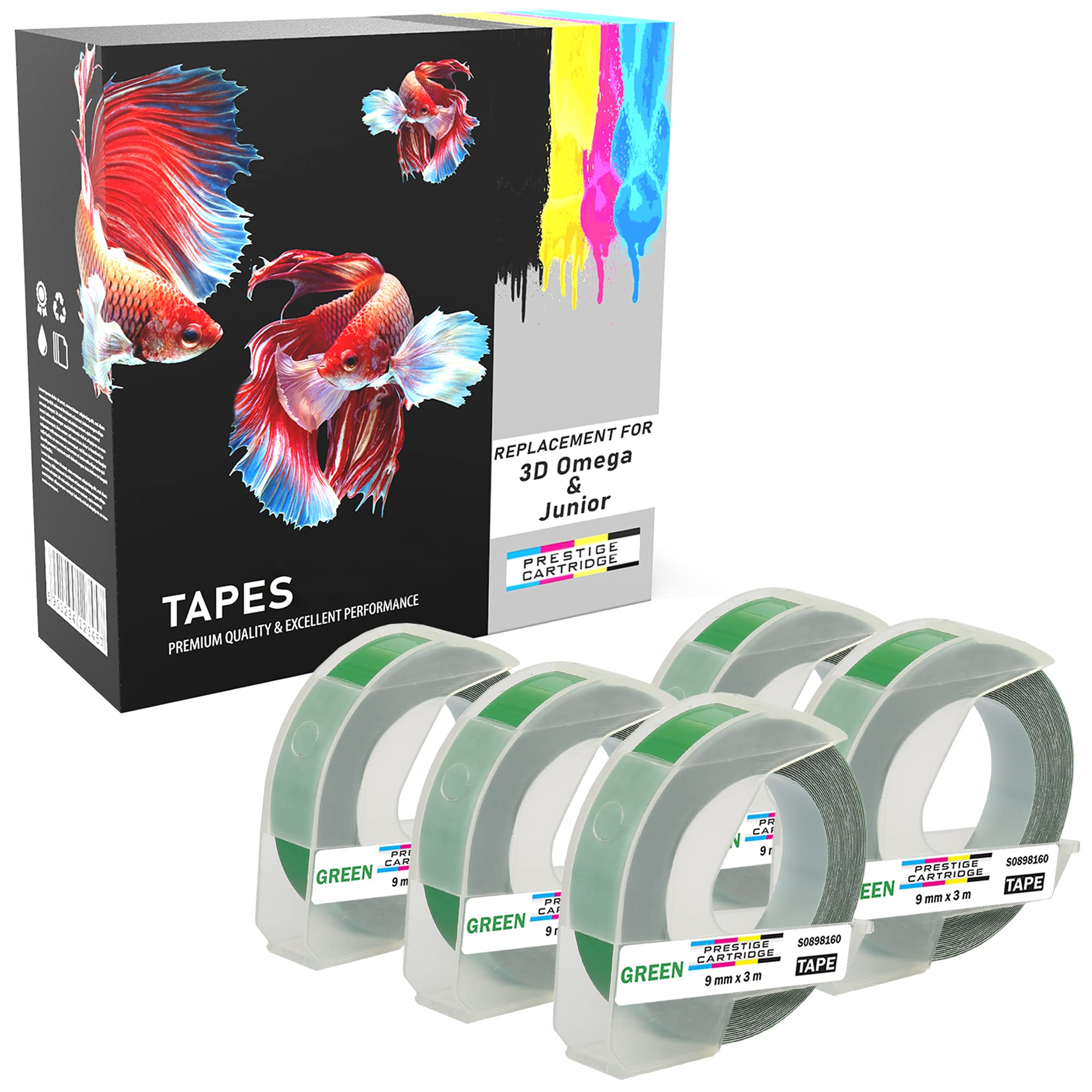 5 Compatible S0898160 White on Green 9mm x 3m Embossing Label Tapes Replacement for 3D Omega and Junior Label Makers