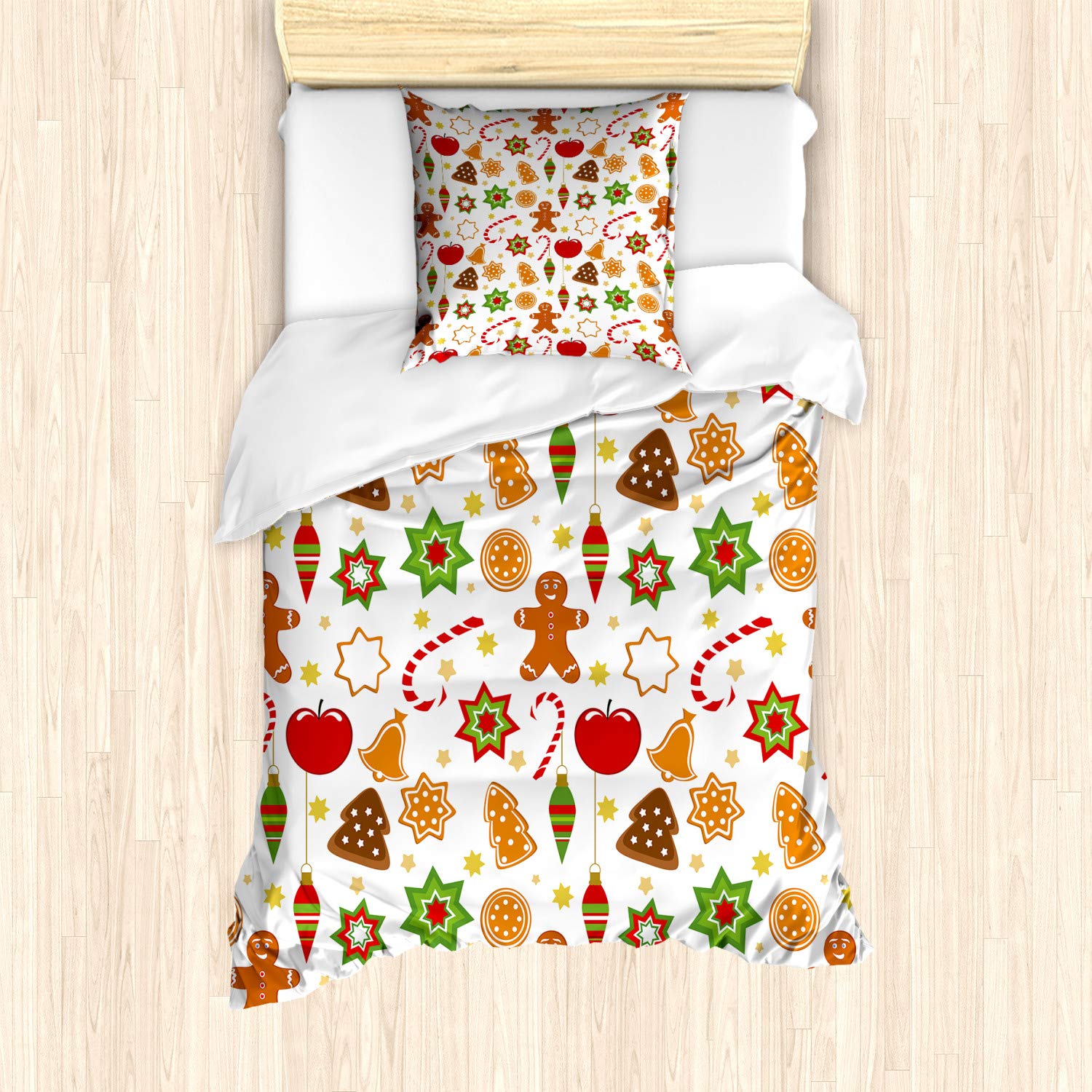 ABAKUHAUS Gingerbread Man Duvet Cover Set, Christmas Graphic Pattern Star Cookies Apples Bells, Bedding Set 2 Pieces with 1 Pillow Shams, 135 cm x 200 cm, Black-And-White