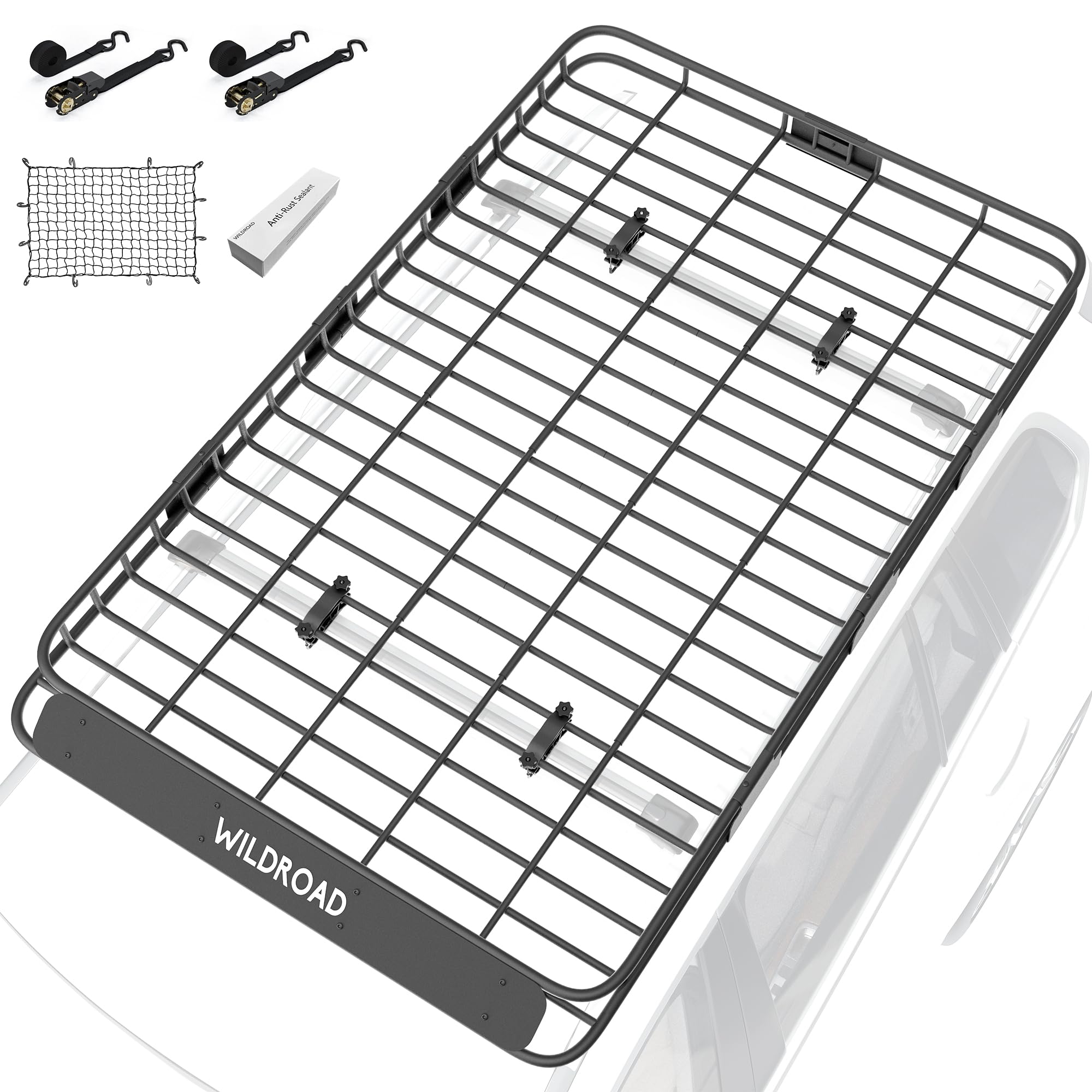 Photo 1 of WILDROAD Roof Rack Cargo Basket, Upgraded 4” Fence Wide Car Roof Basket, 84"x 50"x 4" Universal Car Top Carrier Basket with Super Duty Bungee Cargo Net and Ratchet Straps Fits for SUV Truck Cars
