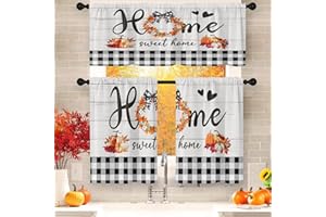 Nesphy Fall Kitchen Curtains Farmhouse Window Curtains Valance and Tier Set 36 Inch, Autumn Pumpkin Home Rod Pocket Short Tier Curtain for Room, Vintage Wooden Plaid Small Cafe Kitchen Decor