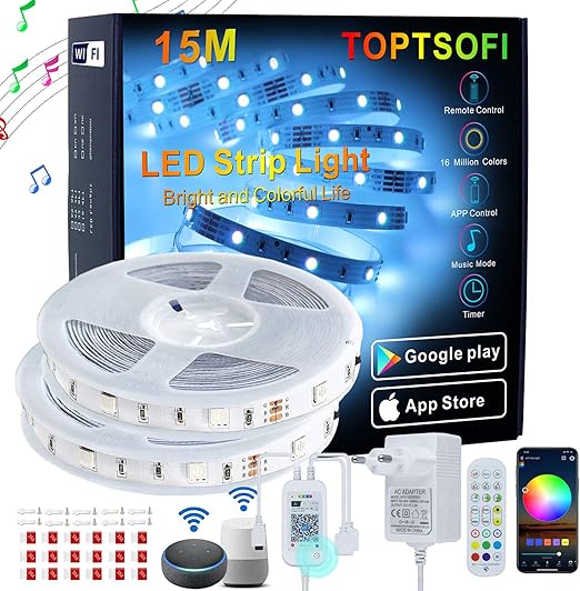 toptsofi luces led alexa 15m music sync tira led rgb con remote app wifi controlada luces led iluminacion para decoracion habitacion y partido