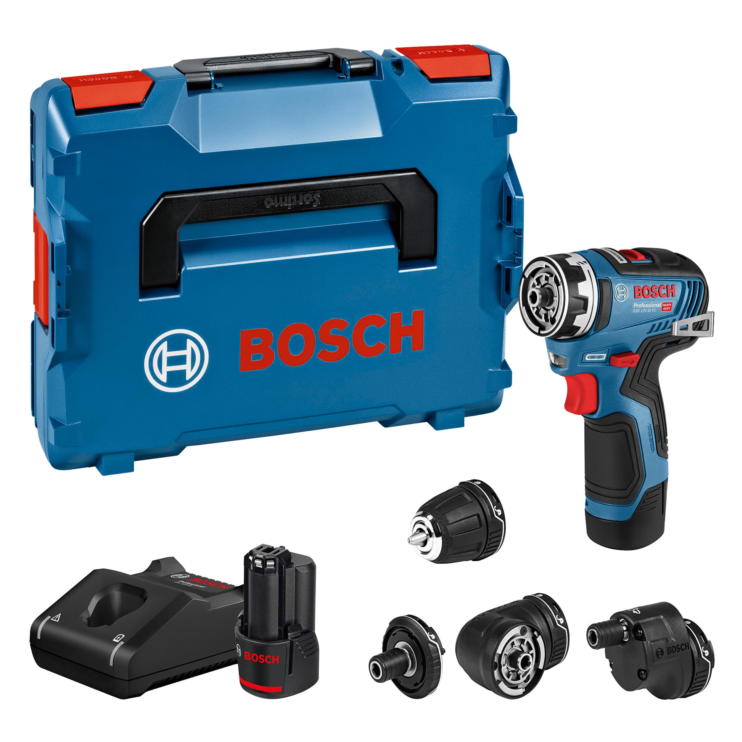 Bosch Professional 12V System GSR 12V-35 FC Cordless Drill, including 4 x FlexiClick Attachments, 2 x 3.0 Ah Battery, GAL 12V-40 Quick Charger, in L-BOXX 102 – FlexiClick System