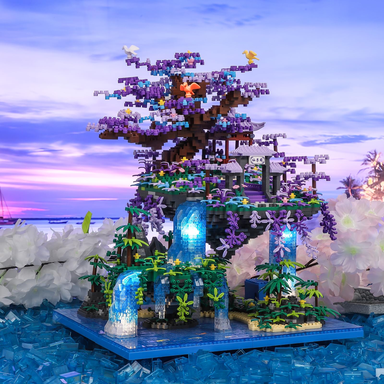 NEWABWN Chinese Moon Palace Pavilion Building Blocks Set - Micro Miniature Bonsai Tree House with String Lights and Flowers for Adults Teens 14+ (4574 Pieces)