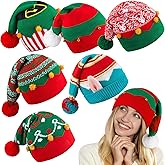 Funtery 6 Pcs Christmas Knitted Elf Hats Bulk Crochet Santa Hats Adults Holiday Beanies for Women Men Family