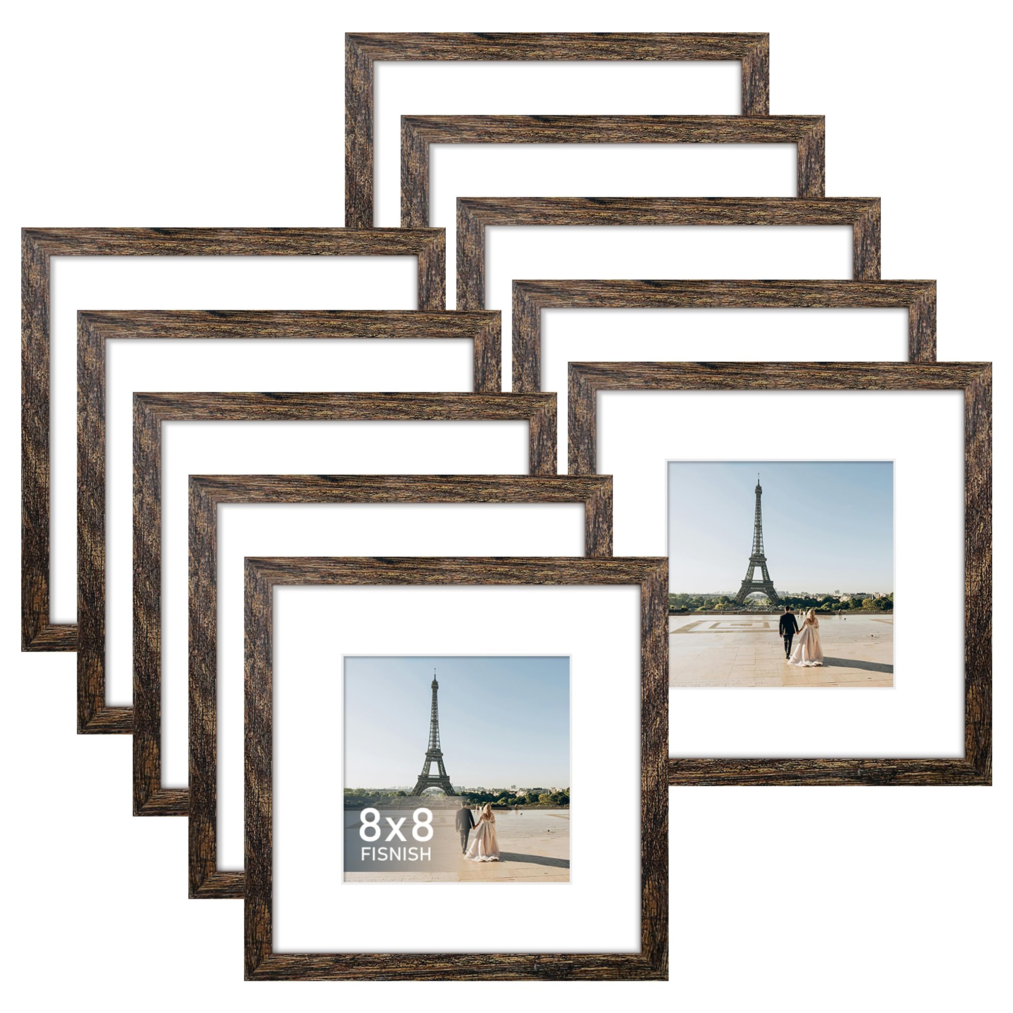 Photo 1 of **NOT GLASS FRAMES/1 HAS MINOR DAMAGE (CHIP IN THE CORNER) ** Fisnish 8x8 Picture Frame Sef of 10, Display Pictures 5x5 with Mat or 8 x 8 Without Mat, Brown Photo Frame Collage for Wall Gallery Decor, Hanging or Tabletop Display