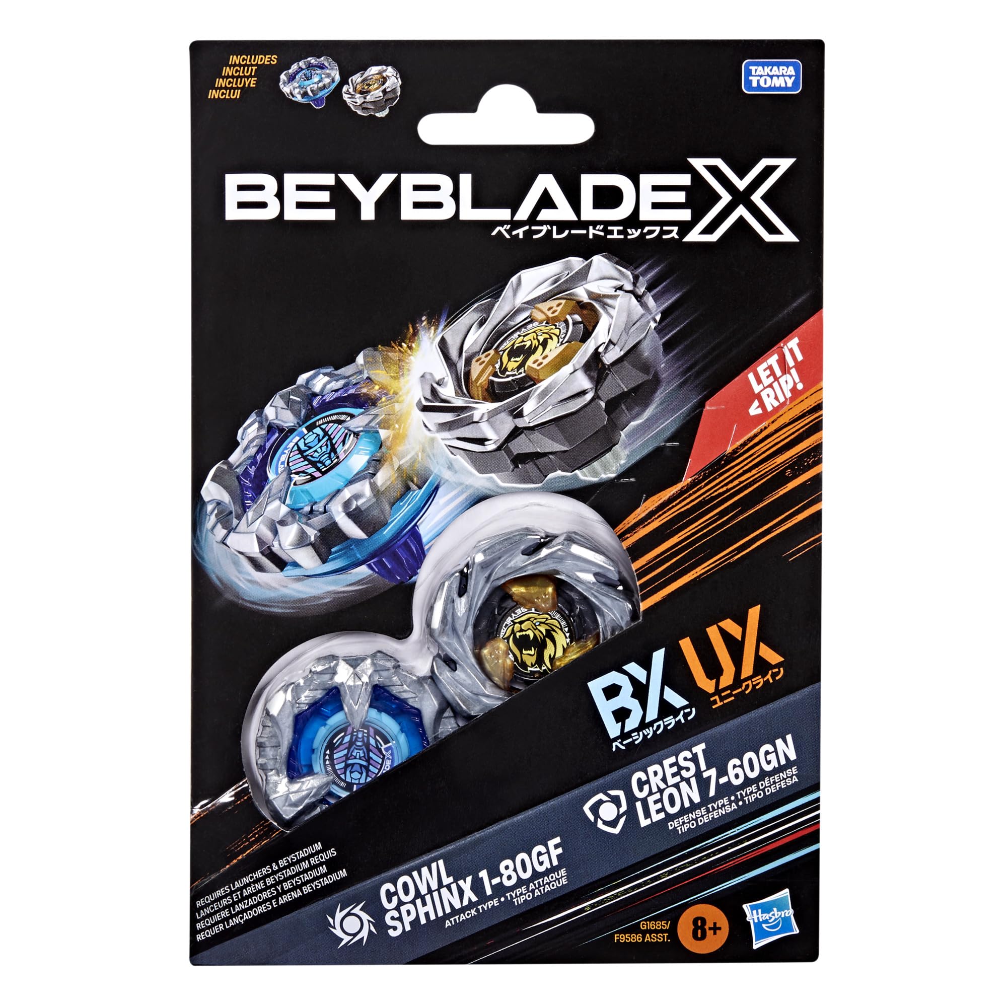 Beyblade X Cowl Sphinx 1-80GF BX & Crest Leon 7-60GN UX Dual Pack Set with 2 Right-Spinning Tops; Authentic Takara Tomy Battle Tops; Games/Toys for Boys & Girls 8+
