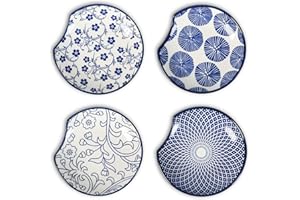 Selamica Ceramic Spoon Rest for Stove Top, 4.6 Inch Cooking Spoon Holder for Kitchen Counter, Stackable Utensil Rest Holder for Spatula Ladles Tong, Christmas Gift, Set of 4, Vintage Blue