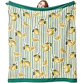Zzkol Lemon Theme Flannel Throw Blanket, Citrus Slice Fruit Birthday Gifts for Kids Men Women, Yellow Green Stripes Spring Summer Soft Blankets for Bedding Sofa 50" x 60"