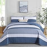 Dinjoy King Size Quilt Set Mineral Blue, 3 Pieces Boho Patchwork Striped Quilted Bedding Sets Soft Lightweight Bedspreads & Coverlets Set, for All Seasons 110"x90"