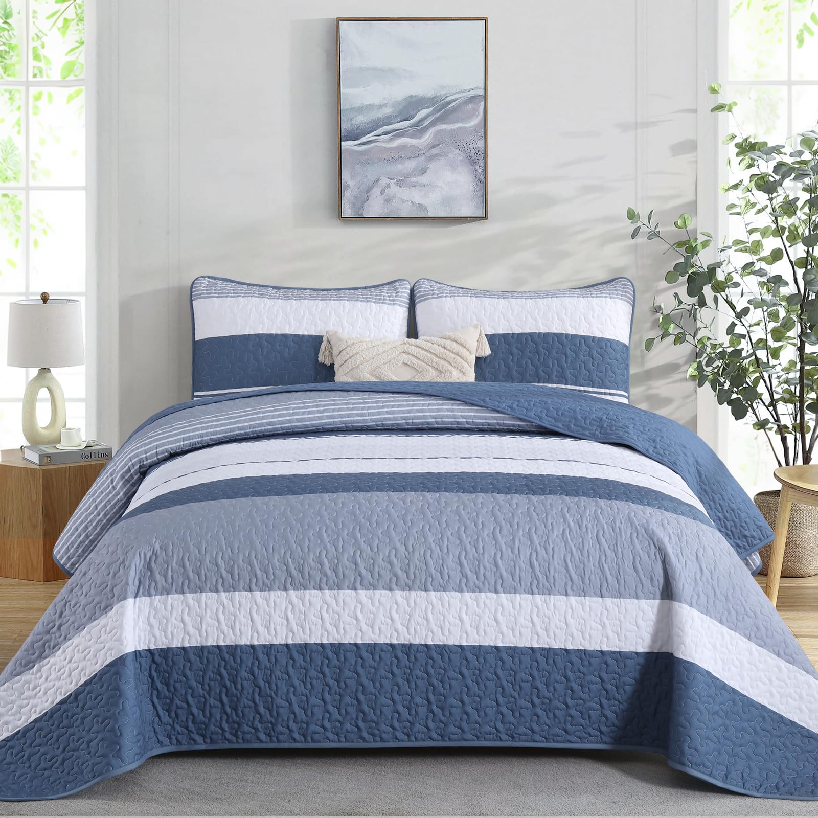 Dinjoy King Size Quilt Set Mineral Blue, 3 Pieces Boho Patchwork Striped Quilted Bedding Sets Soft Lightweight Bedspreads & Coverlets Set, for All Seasons 110"x90" Image