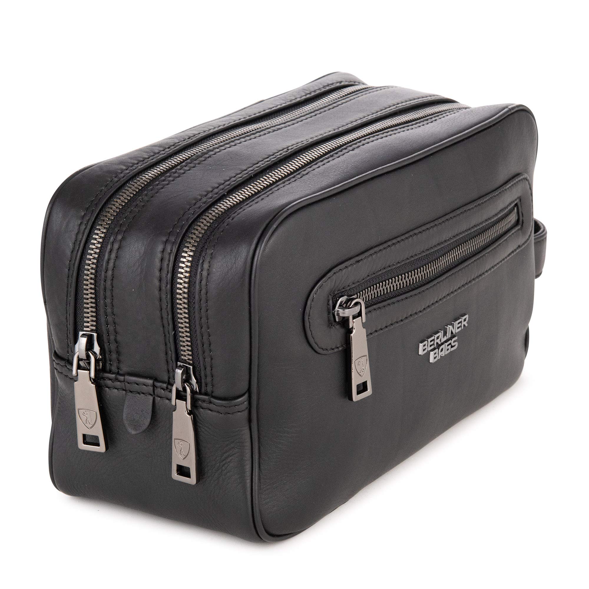 Berliner Bags Max Premium Toiletry Bag with 2 Compartments Leather Toiletry Bag Cosmetic Bag Men Women, black, Mit 2 Fächern, Toiletry bag