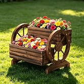 Wooden Wagon Planter Cute Garden Flower Pots Cart with wheels, Outdoor Decoration decor Indoor, Drainage hole, Garden decor for succulents herbs veggies for porch patio balcony (Carbonized, Medium)