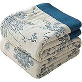 Phuryllic Boho Throw Blanket Twin Size, Soft Cozy Cotton Muslin Quilt Blanket for Bed Decor, Floral Patterned Couch Sofa Chair Cover, Vintage Farmhouse Cottage Tapestry Woven Blanket, Blue and White